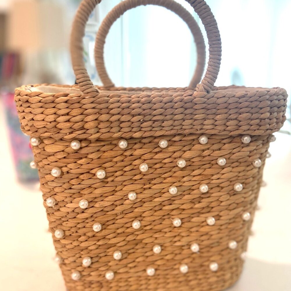 Tan Straw and Pearl Woven Handbag